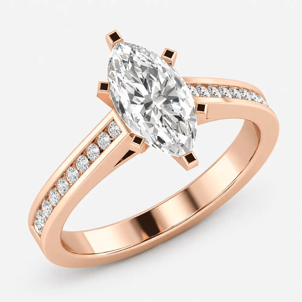 IGI Certified Marquise Cut & Round Side Diamond Channel Set Engagement Ring in Platinum & Gold