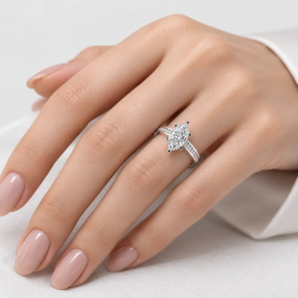 IGI Certified Marquise Cut & Round Side Diamond Channel Set Engagement Ring in Platinum & Gold