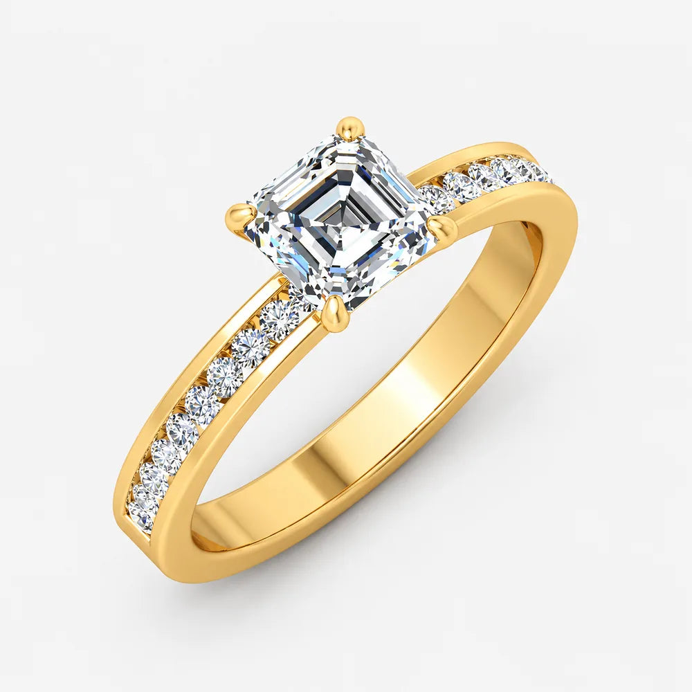 IGI Certified Lab Grown Four-Prong Asscher Cut Diamond Engagement Ring with Channel-Set Band in Gold & Platinum – 1–4Ct