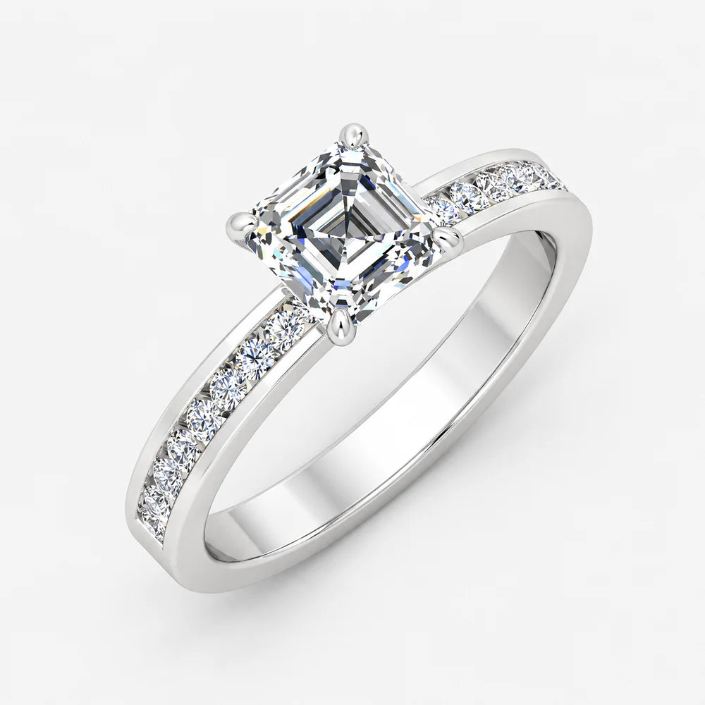 IGI Certified Lab Grown Four-Prong Asscher Cut Diamond Engagement Ring with Channel-Set Band in Gold & Platinum – 1–4Ct