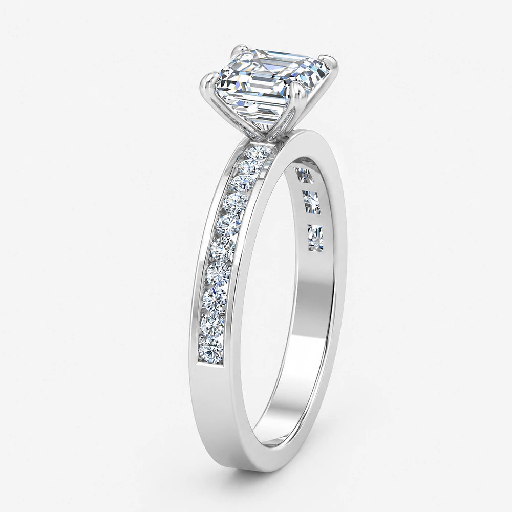 IGI Certified Lab Grown Four-Prong Asscher Cut Diamond Engagement Ring with Channel-Set Band in Gold & Platinum – 1–4Ct