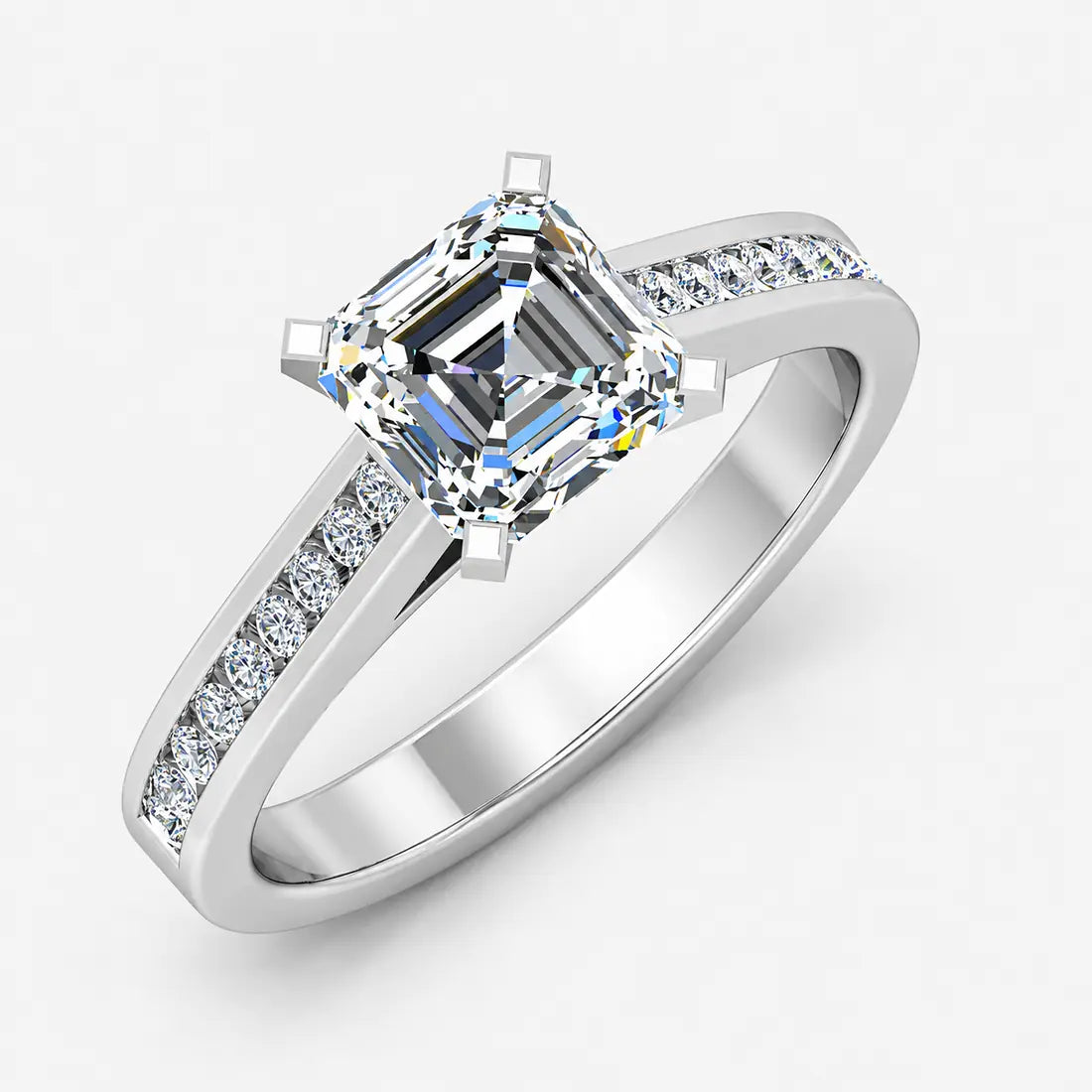 IGI Certified Lab Grown Classic Asscher-Cut Diamond with Round Channel-Set Engagement Ring in Gold & Platinum – 1–4Ct