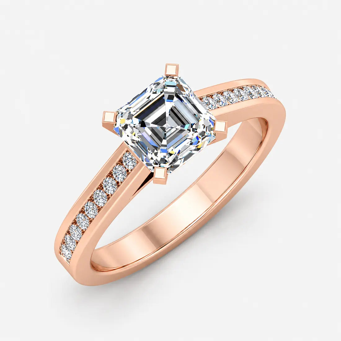 IGI Certified Lab Grown Classic Asscher-Cut Diamond with Round Channel-Set Engagement Ring in Gold & Platinum – 1–4Ct