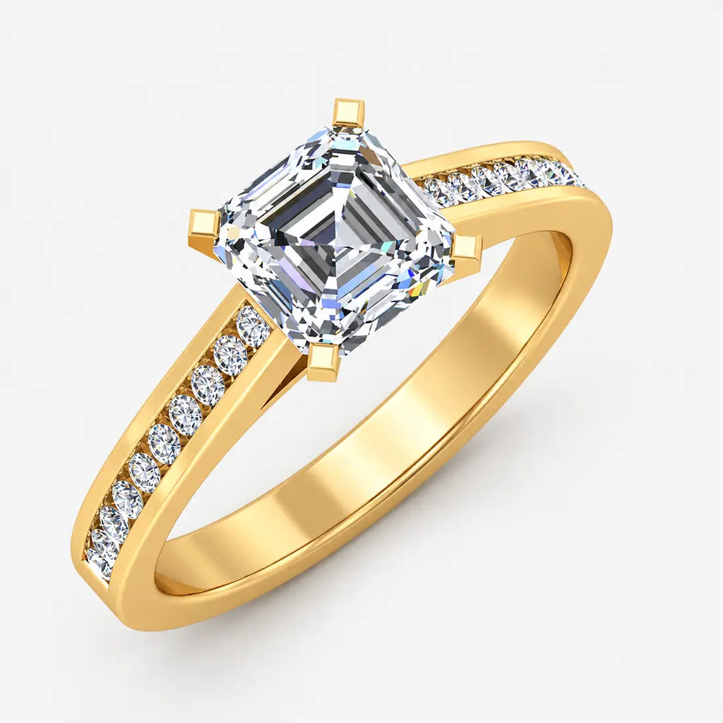 IGI Certified Lab Grown Classic Asscher-Cut Diamond with Round Channel-Set Engagement Ring in Gold & Platinum – 1–4Ct