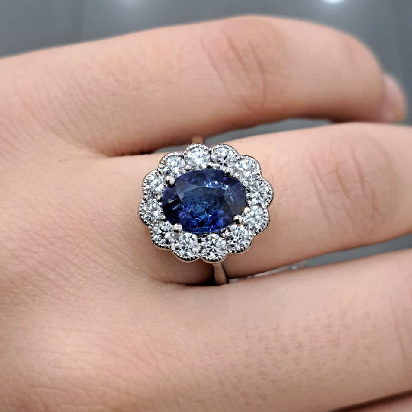 3.50ct Sapphire Oval & Diamond Cluster Engagement Ring In Gold & Platinum