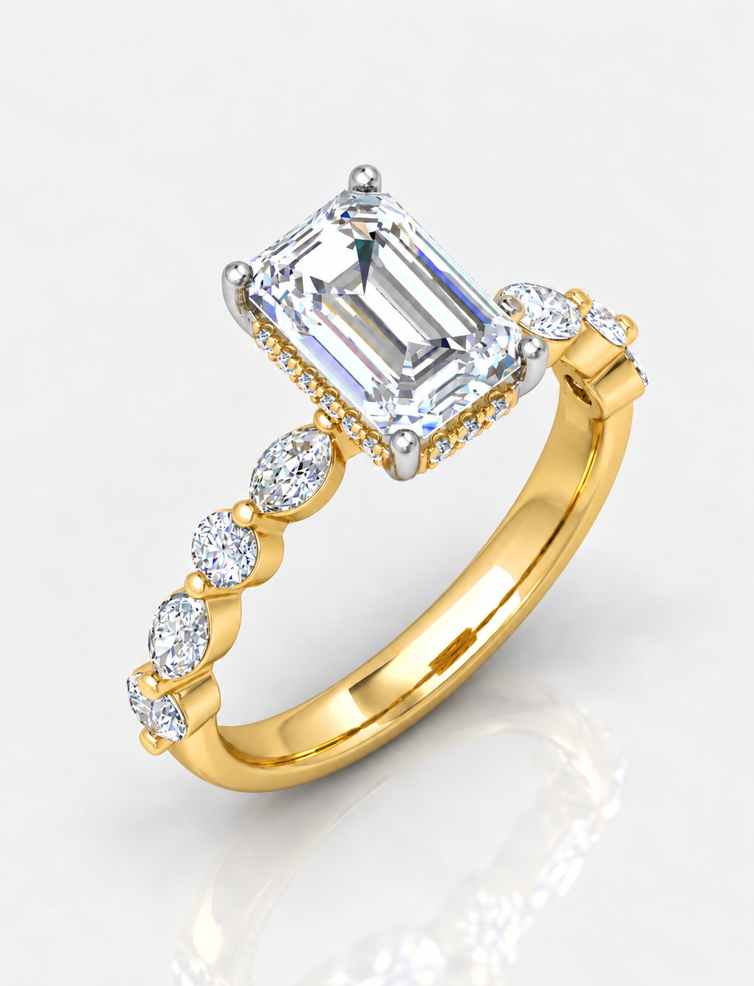 The Versailles IGI Certified Lab Grown Emerald-Cut Diamond Hidden Halo Engagement Ring in Gold & Platinum