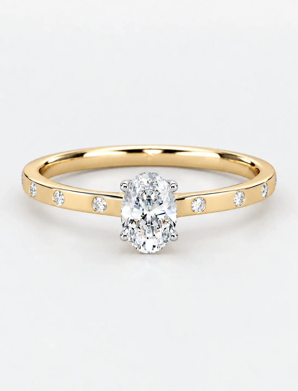 IGI Certified Lab Grown Oval Diamond Engagement Ring with Flush-Set Diamond Band in Gold & Platinum