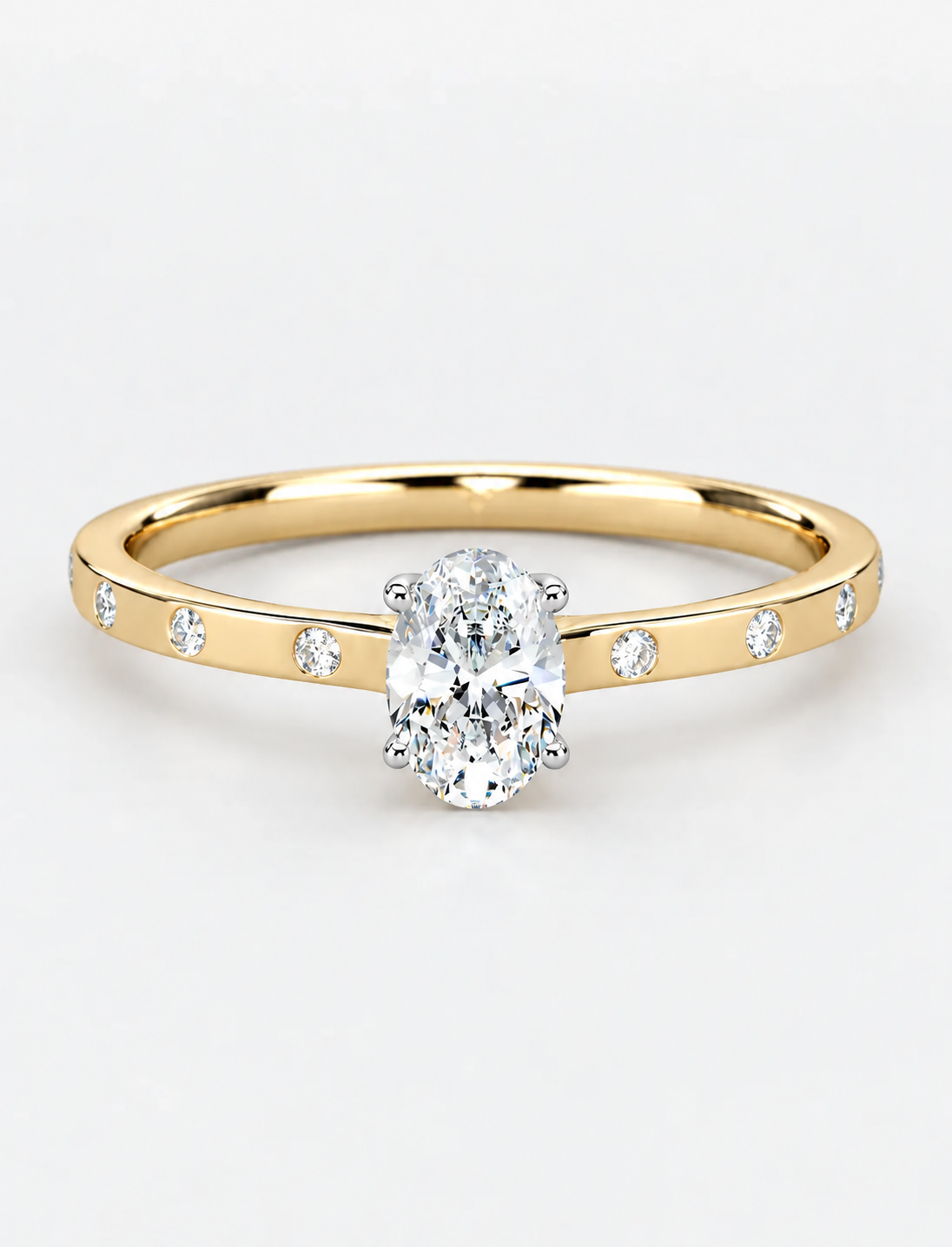 IGI Certified Lab Grown Oval Diamond Engagement Ring with Flush-Set Diamond Band in Gold & Platinum