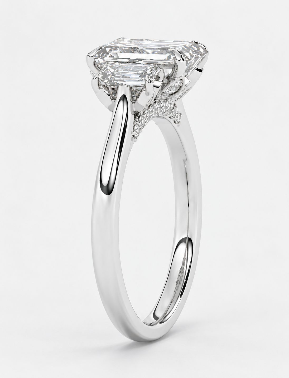 2.50CT Lab Grown Solitaire Emerald Diamond Trilogy Ring Platinum
