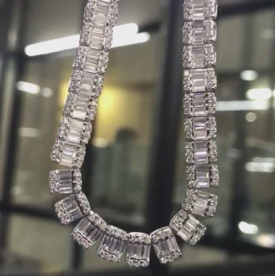 D/VVS 28.00Ct Lab Grown Baguette & Round Diamond Designer Necklace in Hallmarked White Gold 50 grams