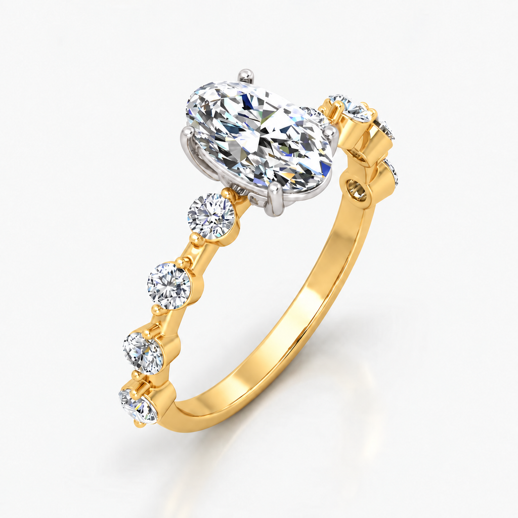 Oval-Cut Diamond Engagement Ring with Floating Shared-Prong Bubble Band in Platinum & Gold