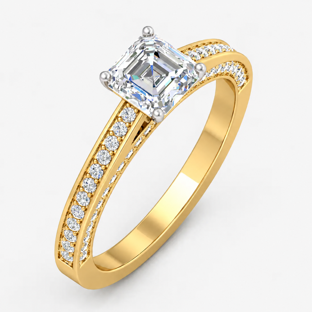 IGI Certified Lab Grown Classic Asscher-Cut Diamond with Round Pavé-Setting Engagement Ring in Gold & Platinum – 1–4Ct