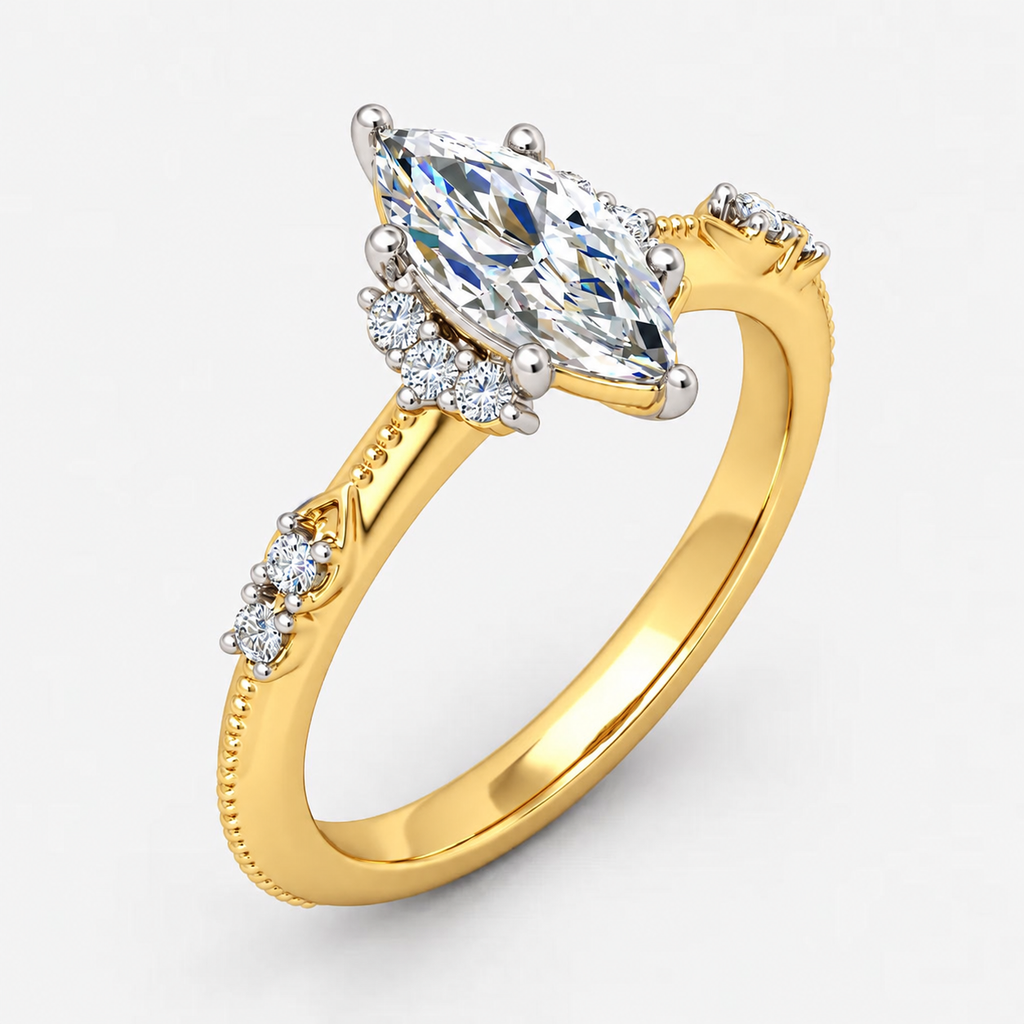 IGI Certified Milgrain Marquise Cut & Side Round Diamond Claw Engagement Ring in Platinum & Gold - 1-5ct