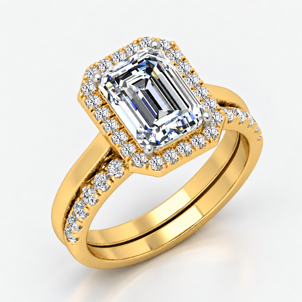 IGI Certified Lab Grown Emerald-Cut Diamond Halo Engagement Ring with Matching Pavé Wedding Band Bridal Set in Gold & Platinum – 1–4Ct