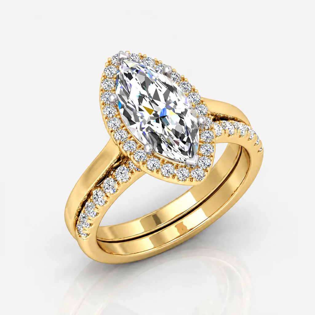 IGI Certified Lab Grown Marquise Diamond Halo Engagement Ring with Matching Band in Gold & Platinum - 1-5ct
