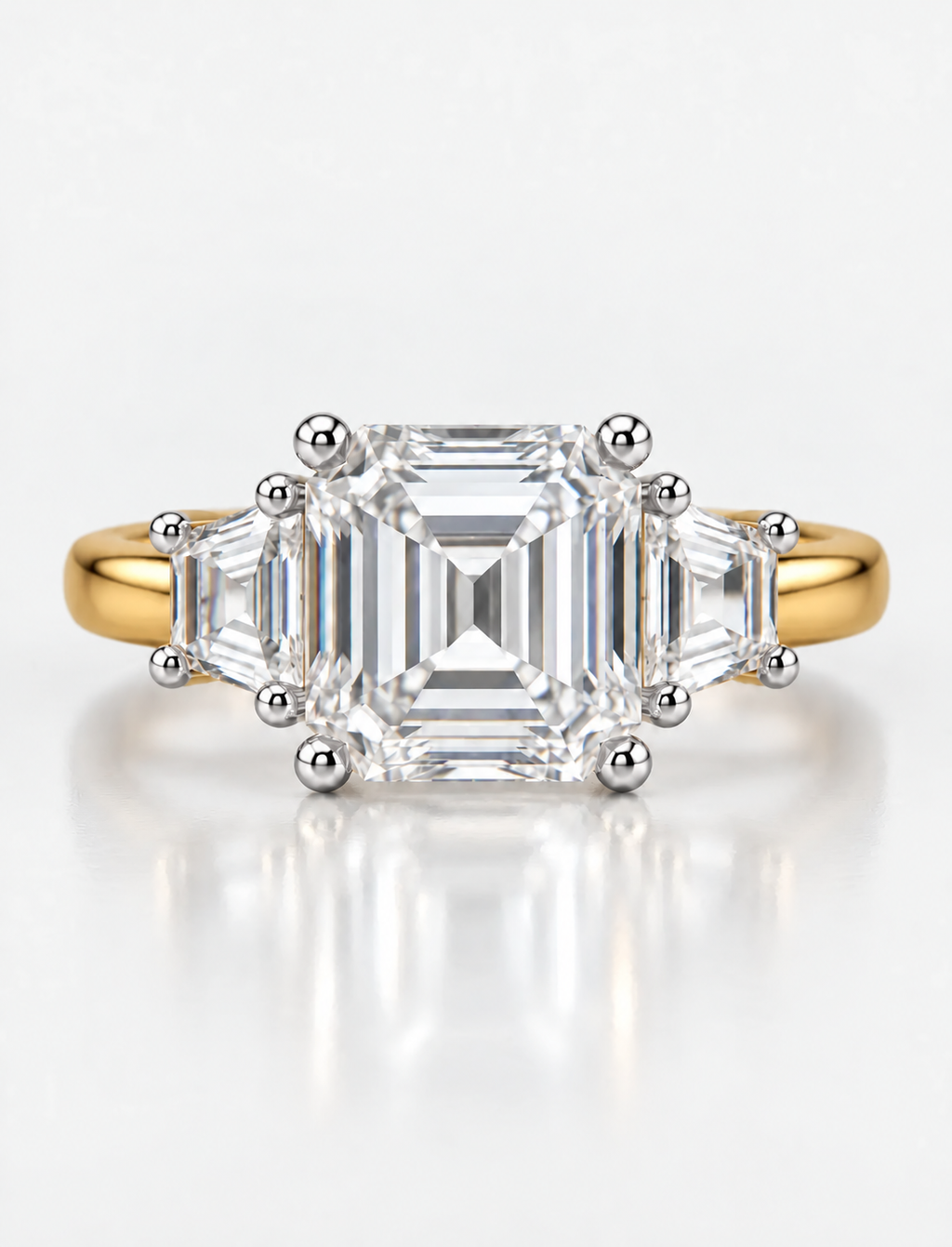 Lab Grown IGI Certified Asscher-Cut Three-Stone Ring with Trapezoid Side Stones in Gold & Platinum
