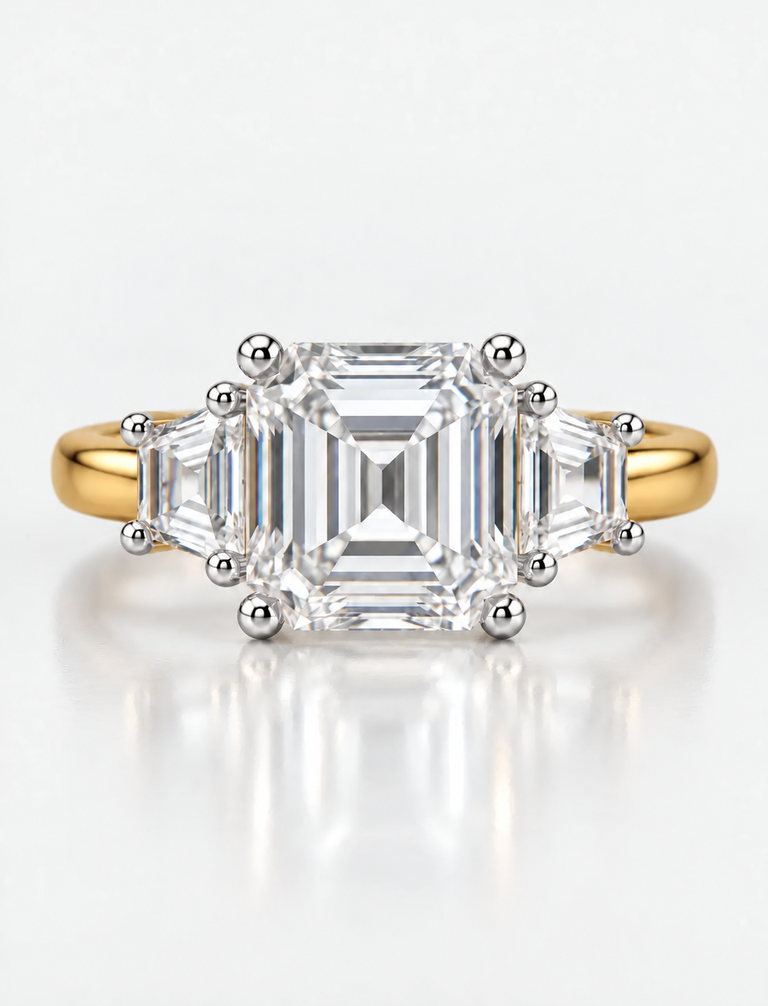 Lab Grown IGI Certified Asscher-Cut Three-Stone Ring with Trapezoid Side Stones in Gold & Platinum