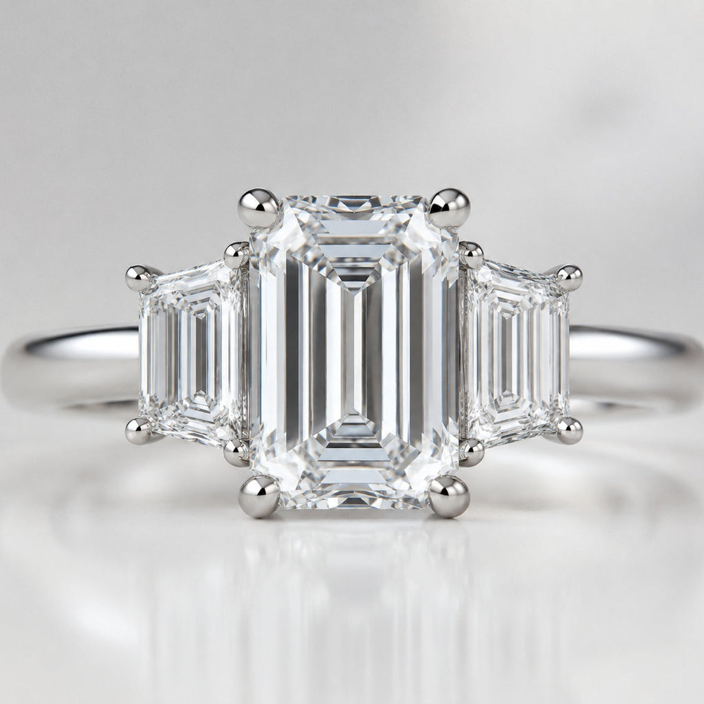 IGI Certified 6.00Ct E/VS Emerald & Trapezoid Lab Diamond Trilogy Ring Platinum