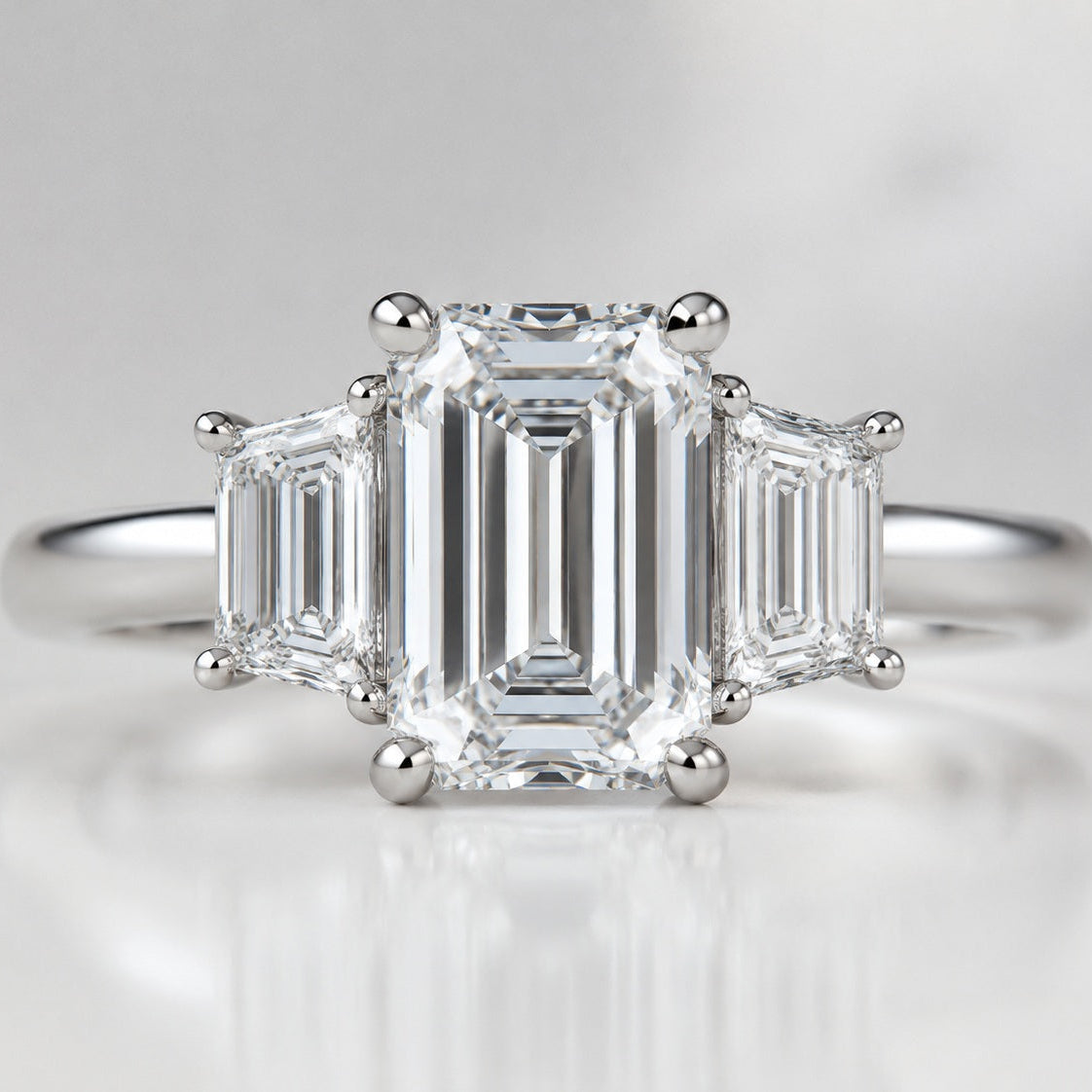 IGI Certified 6.00Ct E/VS Emerald & Trapezoid Lab Diamond Trilogy Ring Platinum