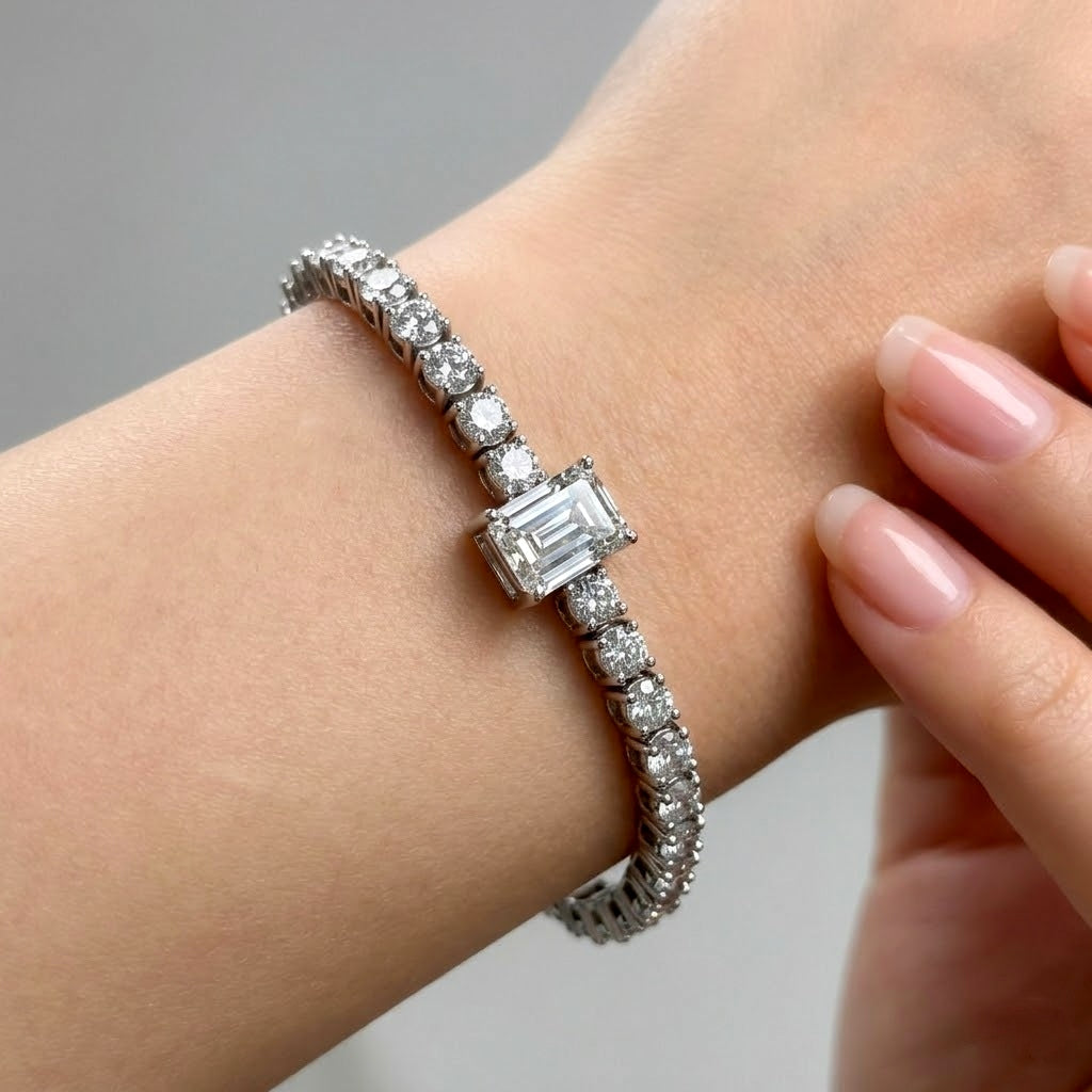8.50Ct Emerald and Round Lab Diamond Tennis Bracelet In 9k White Gold 7inch