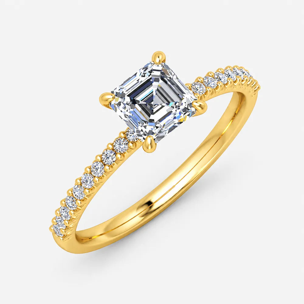 IGI Certified Lab Grown Asscher & Round Brilliant Cut Diamond Claw & Pave Set Engagement Ring in Gold & Platinum – 1–4Ct
