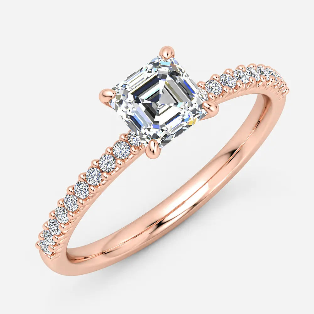 IGI Certified Lab Grown Asscher & Round Brilliant Cut Diamond Claw & Pave Set Engagement Ring in Gold & Platinum – 1–4Ct