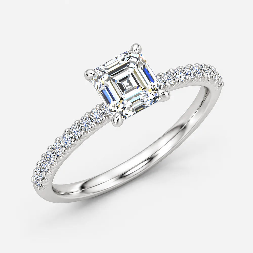 IGI Certified Lab Grown Asscher & Round Brilliant Cut Diamond Claw & Pave Set Engagement Ring in Gold & Platinum – 1–4Ct