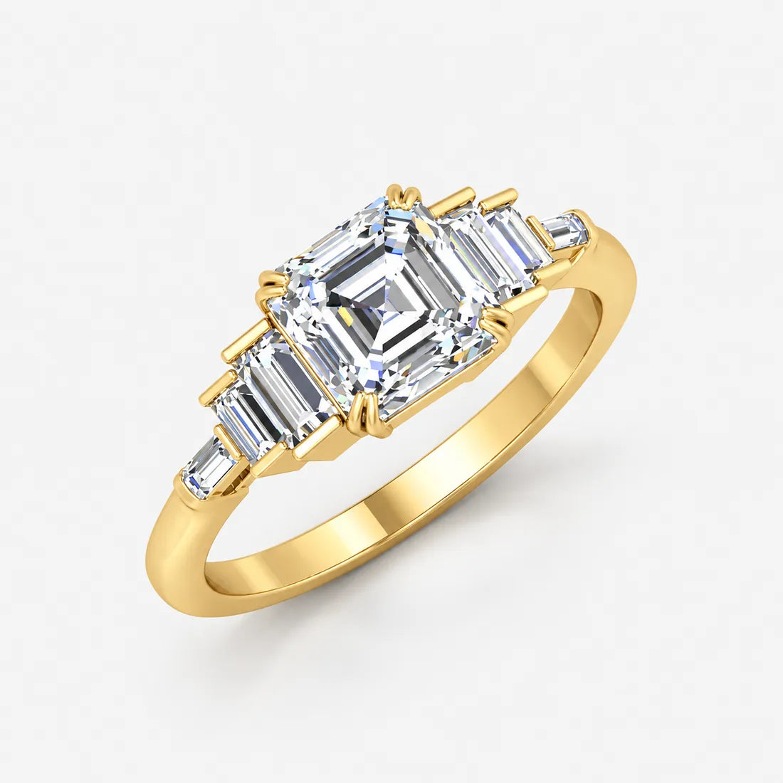 IGI Certified Lab-Grown Asscher-Cut Five-Stone Diamond Engagement Ring with Tapered Baguette Shoulders in Gold & Platinum