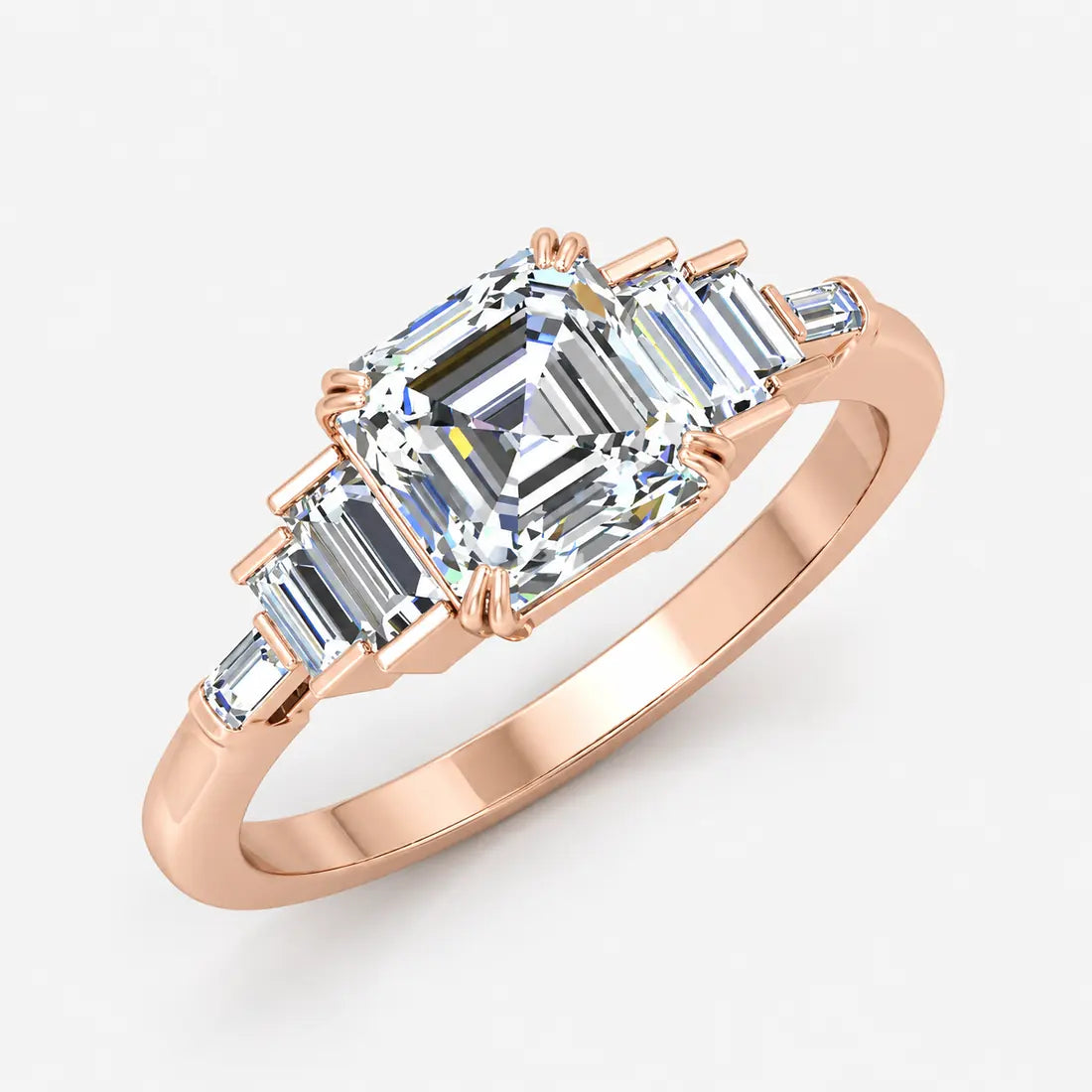 IGI Certified Lab-Grown Asscher-Cut Five-Stone Diamond Engagement Ring with Tapered Baguette Shoulders in Gold & Platinum