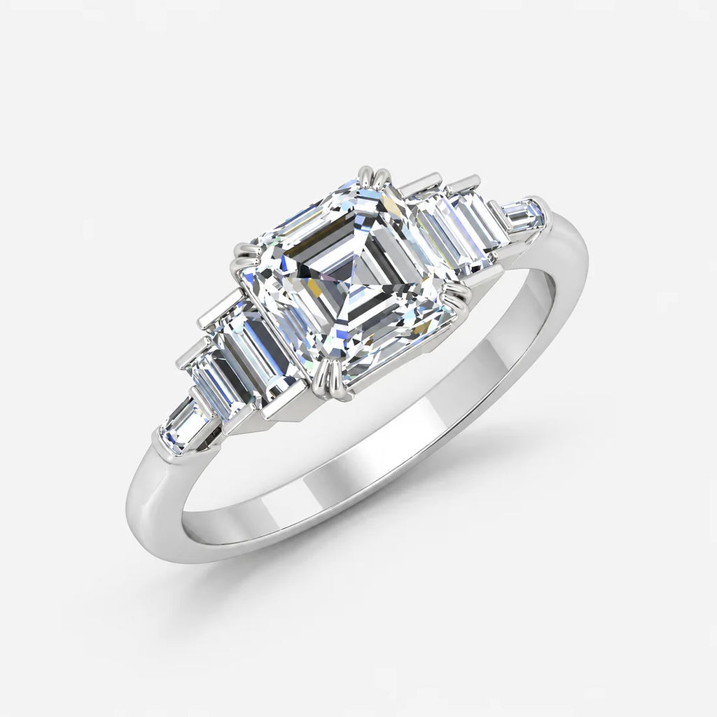 IGI Certified Lab-Grown Asscher-Cut Five-Stone Diamond Engagement Ring with Tapered Baguette Shoulders in Gold & Platinum