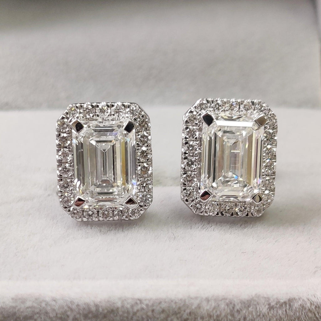 IGI Certified 4.70 Ct Emerald Cut Lab Diamond Halo Stud Earrings In 18k White Gold