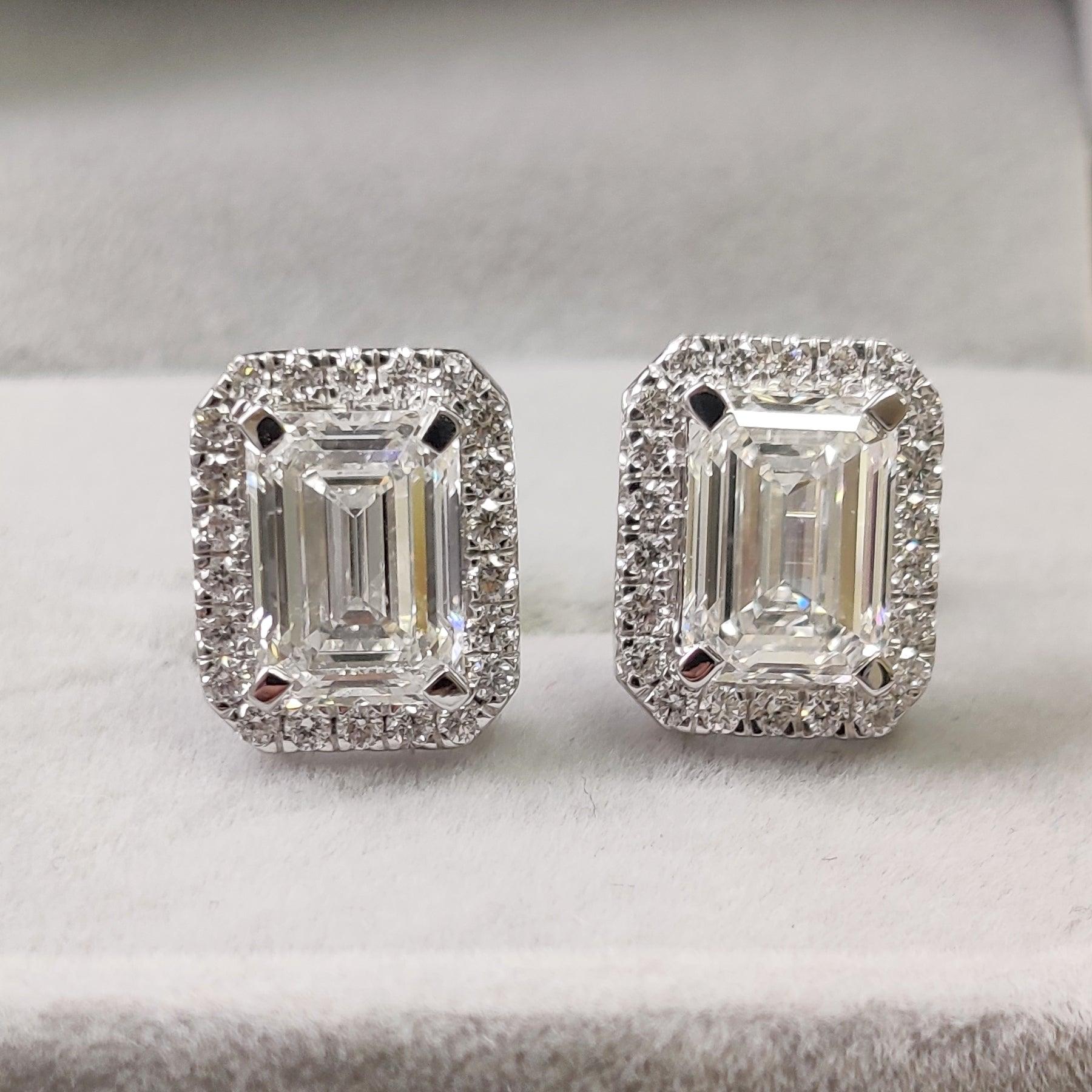 IGI Certified 4.70 Ct Emerald Cut Lab Diamond Halo Stud Earrings In 18k White Gold