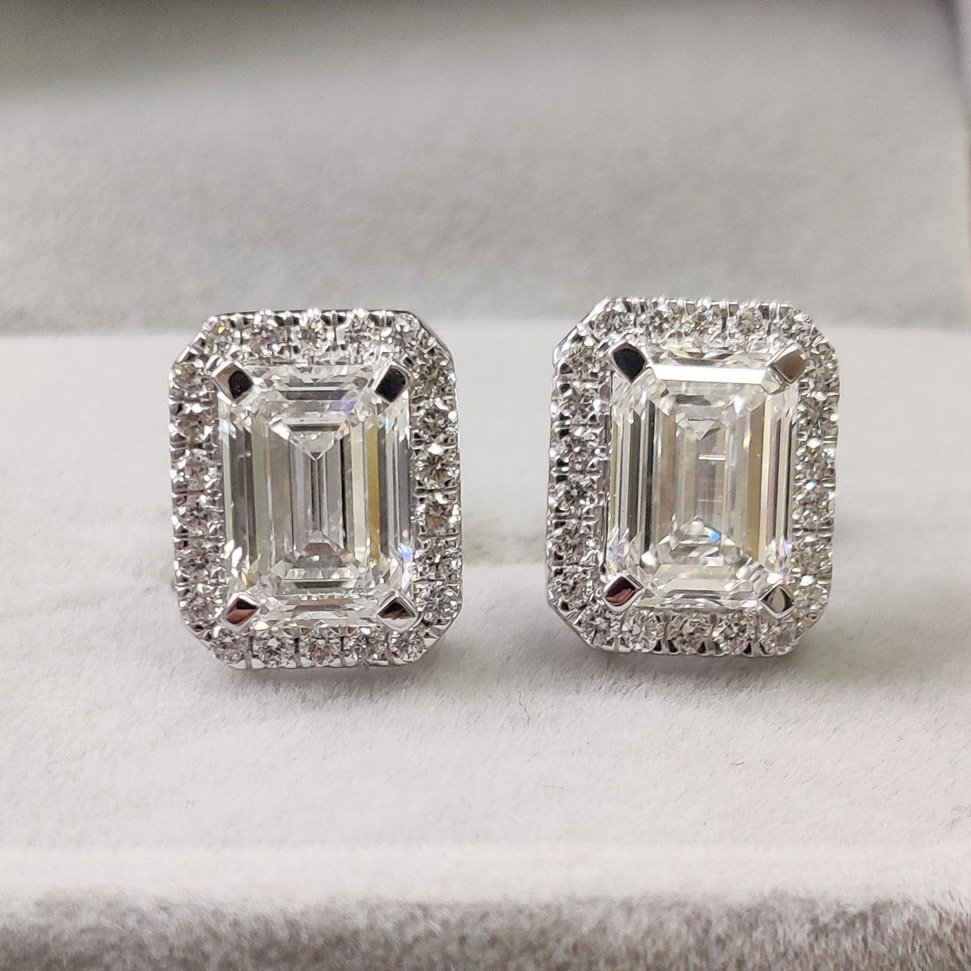 IGI Certified G/VS1 4.70 Ct Lab Created Emerald Cut Diamond Halo Stud Earrings In 18k White Gold