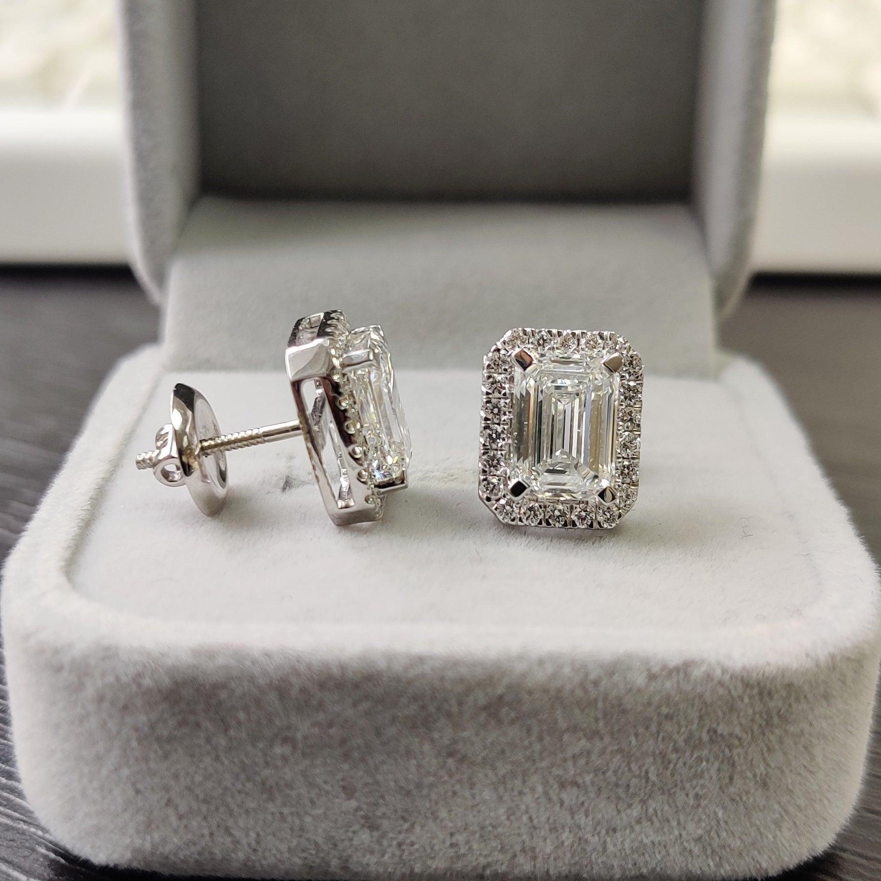 IGI Certified 4.70 Ct Emerald Cut Lab Diamond Halo Stud Earrings In 18k White Gold