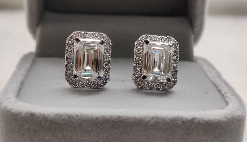 IGI Certified 4.70 Ct Emerald Cut Lab Diamond Halo Stud Earrings In 18k White Gold