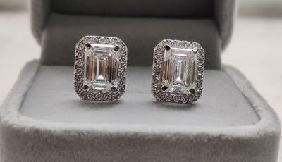 IGI Certified G/VS1 4.70 Ct Lab Created Emerald Cut Diamond Halo Stud Earrings In 18k White Gold