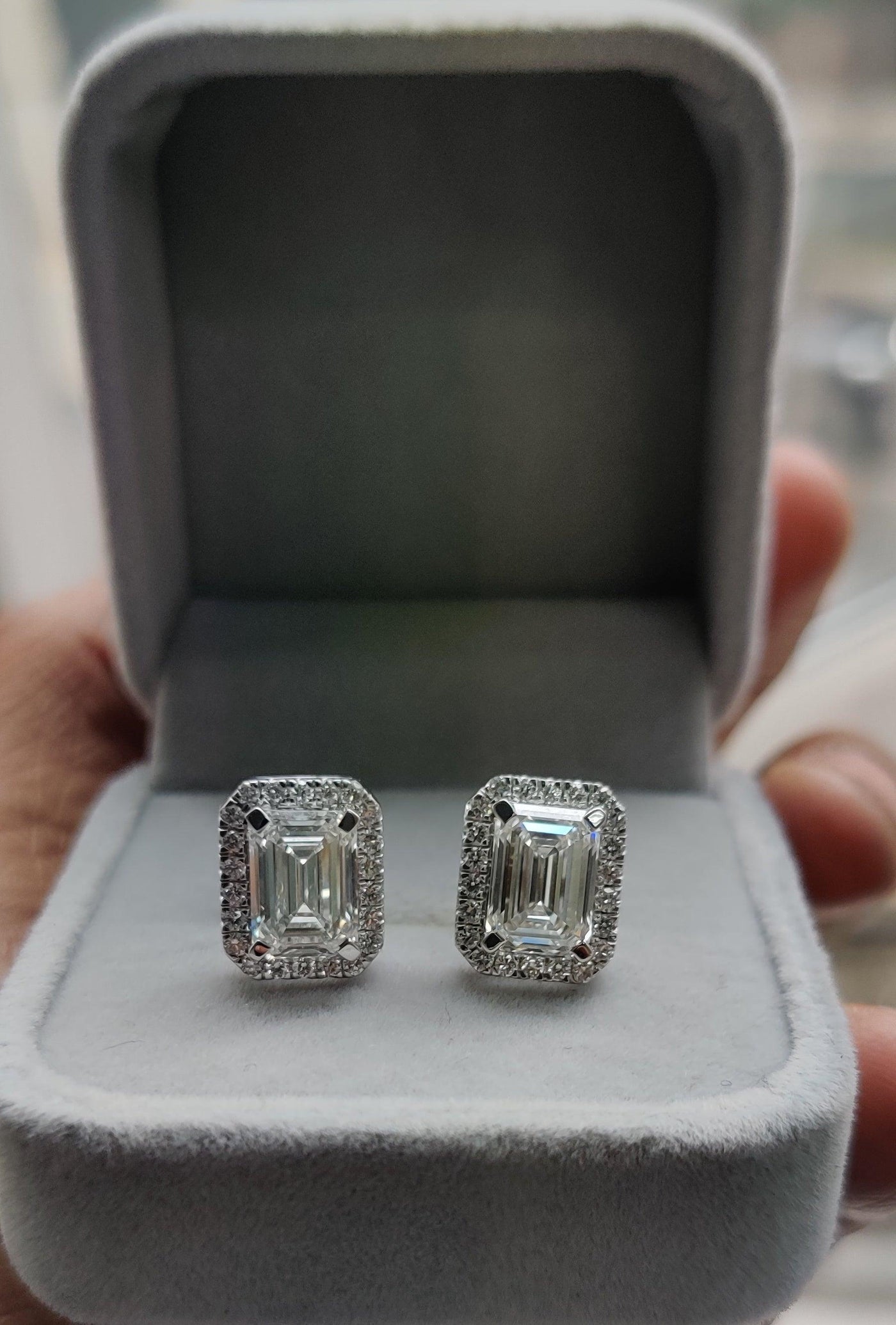 IGI Certified G/VS1 4.70 Ct Lab Created Emerald Cut Diamond Halo Stud Earrings In 18k White Gold