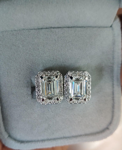 IGI Certified G/VS1 4.70 Ct Lab Created Emerald Cut Diamond Halo Stud Earrings In 18k White Gold