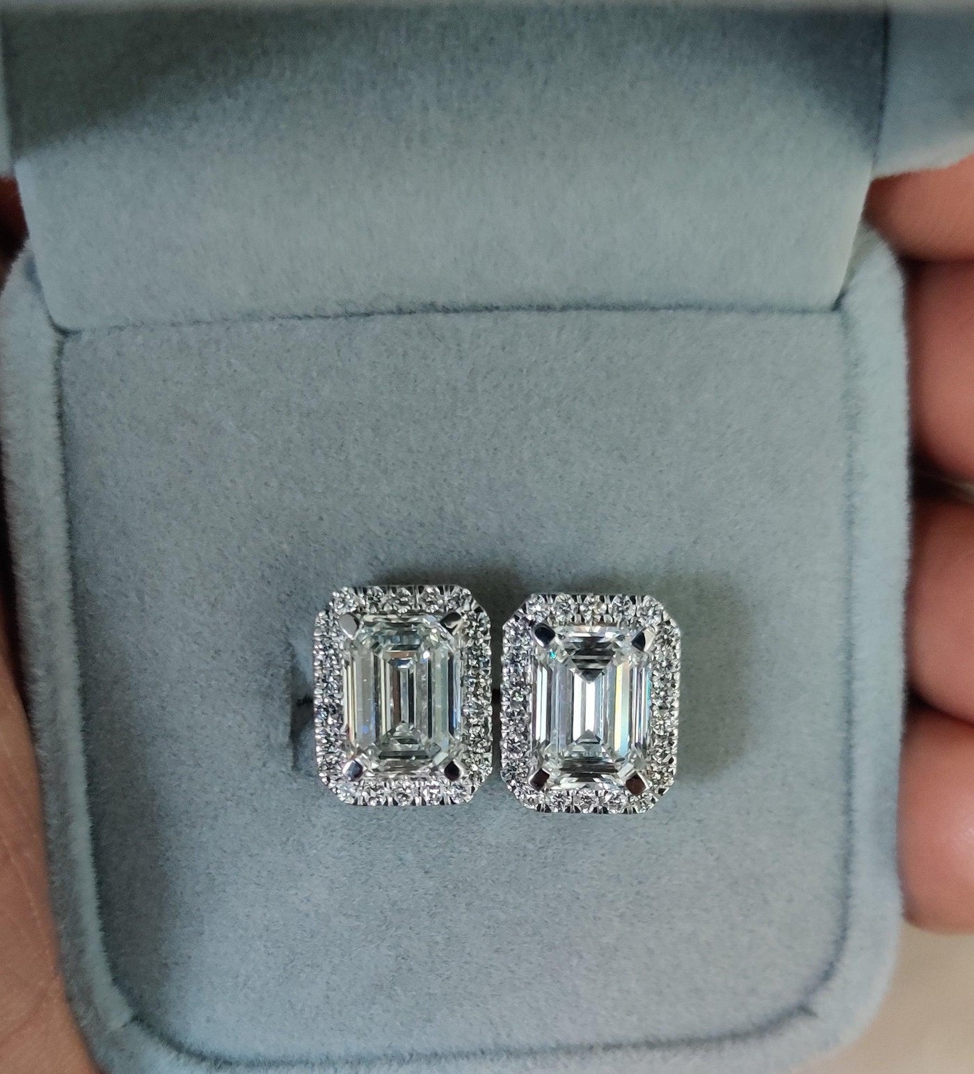 IGI Certified G/VS1 4.70 Ct Lab Created Emerald Cut Diamond Halo Stud Earrings In 18k White Gold