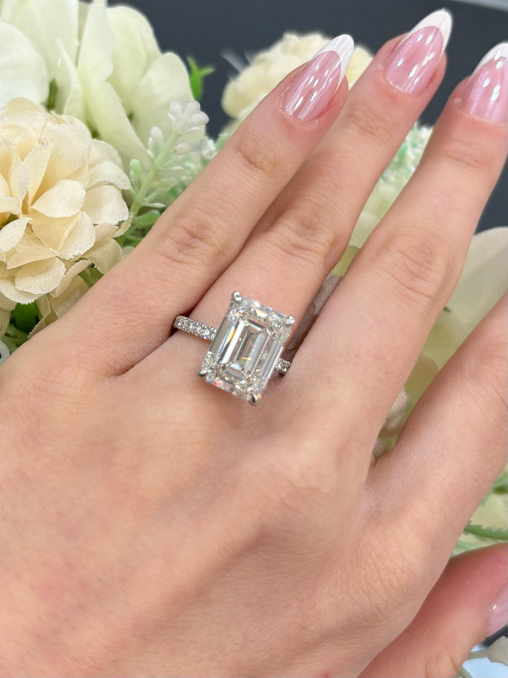 IGI Certified 9.06CT Emerald Diamond Hidden Halo Engagement Ring In Platinum
