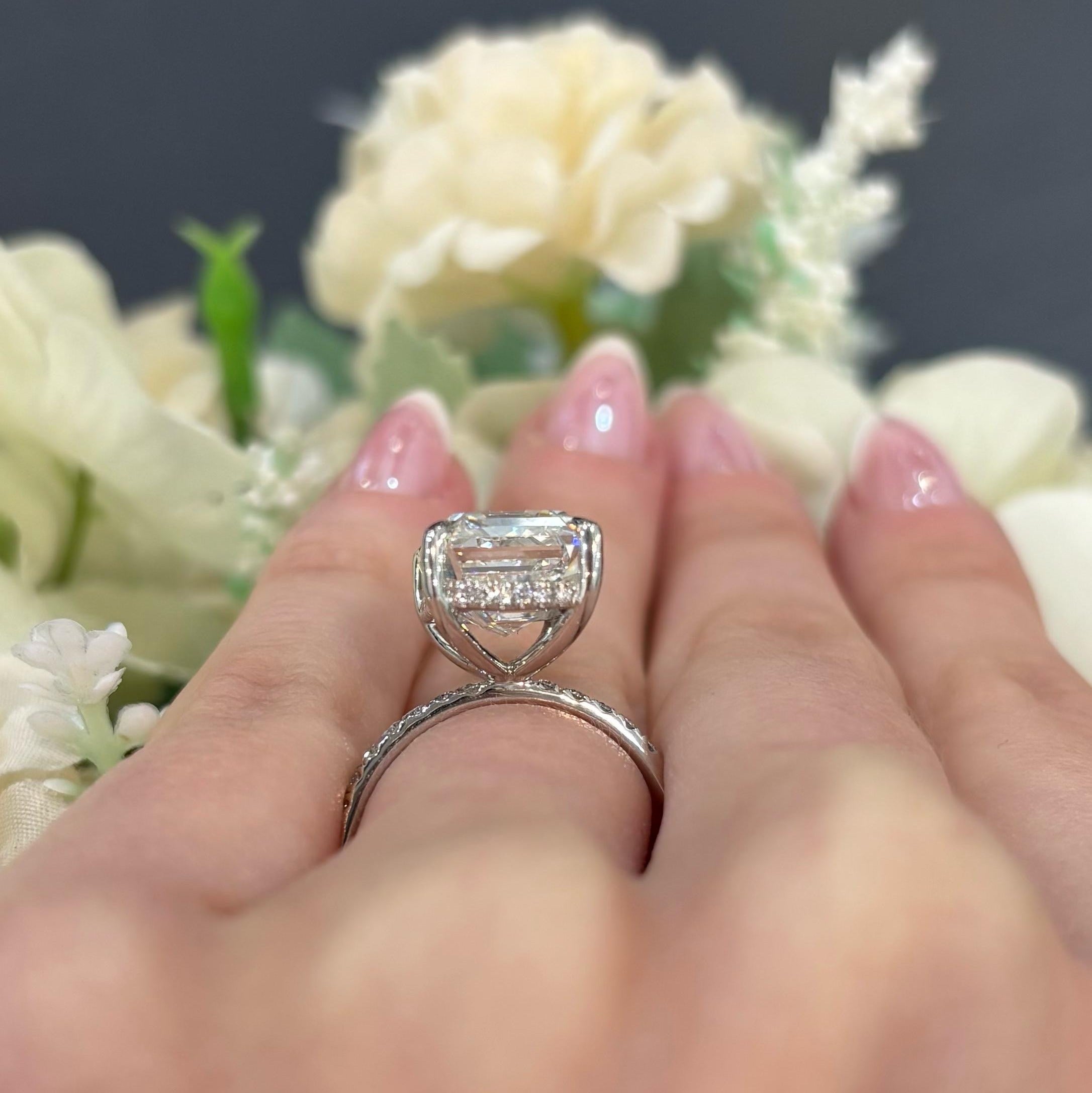 IGI Certified 9.06CT Emerald Diamond Hidden Halo Engagement Ring In Platinum