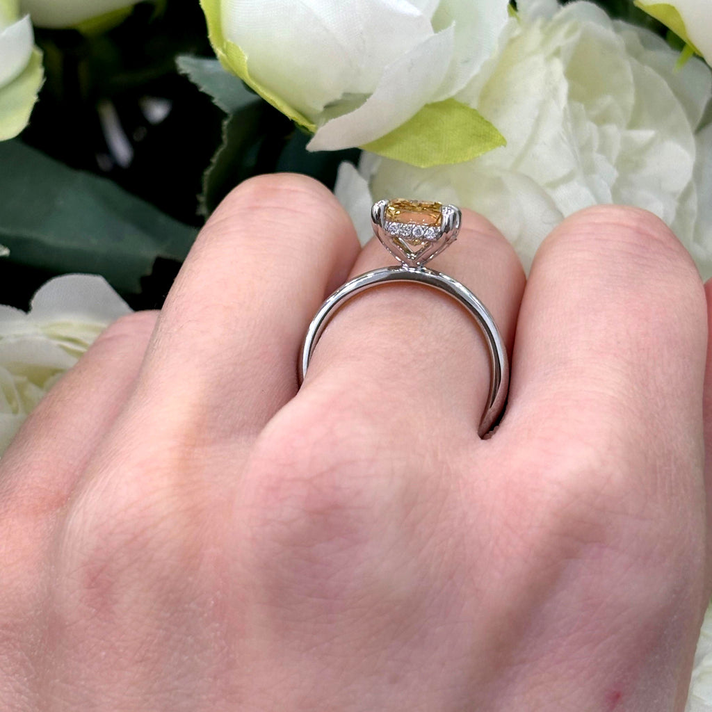 3.35 Carat IGI Lab Fancy Vivid Yellow Radiant Diamond Hidden Halo Engagement Ring In Platinum
