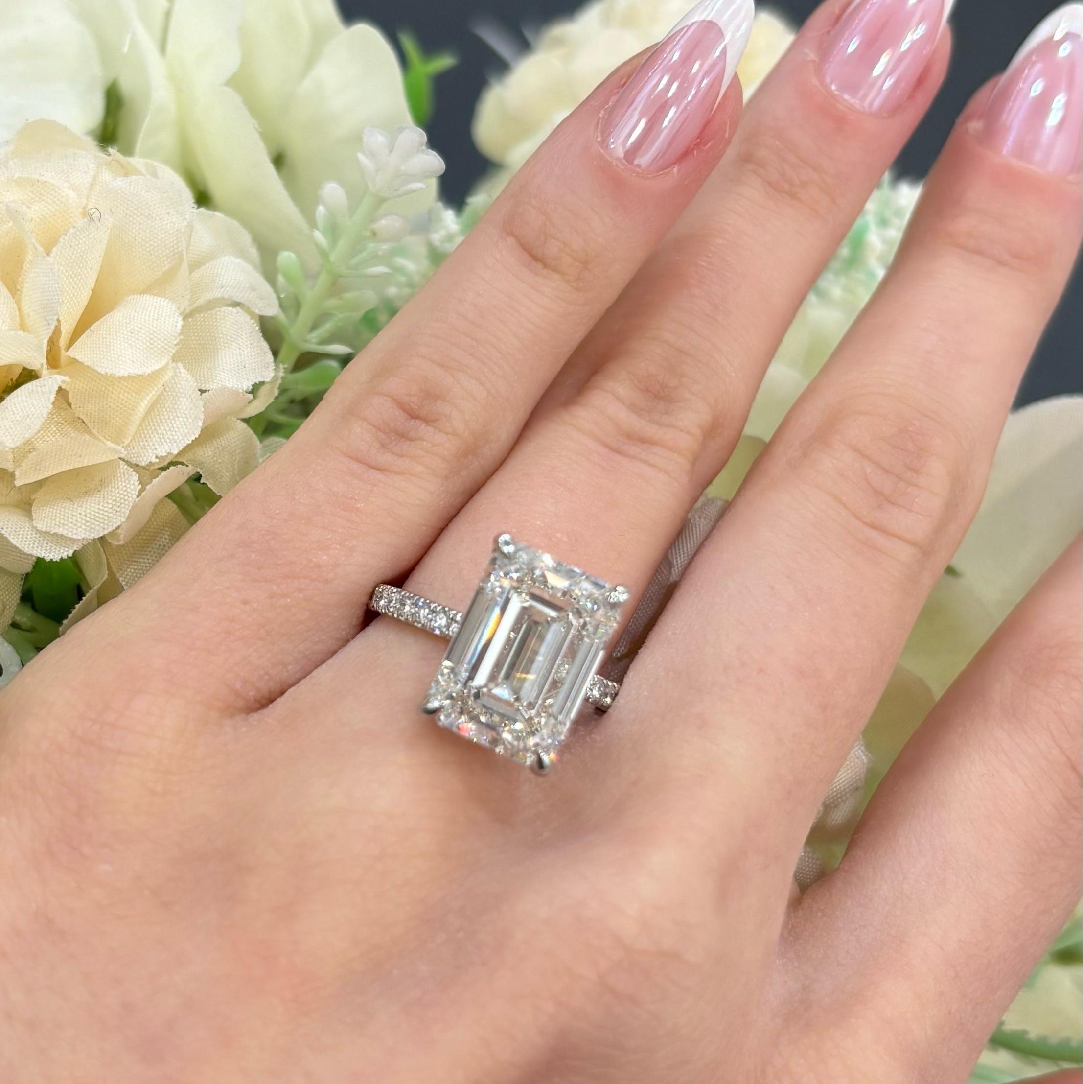 IGI Certified 9.06CT Emerald Diamond Hidden Halo Engagement Ring In Platinum
