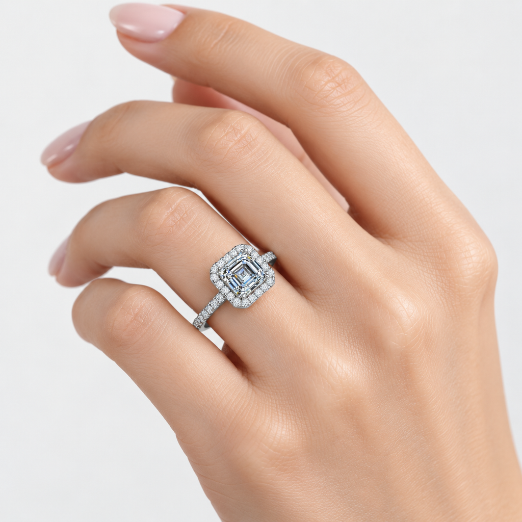 IGI Certified Lab Grown Asscher Cut Diamond Halo Engagement Ring with Pavé Band in Gold & Platinum