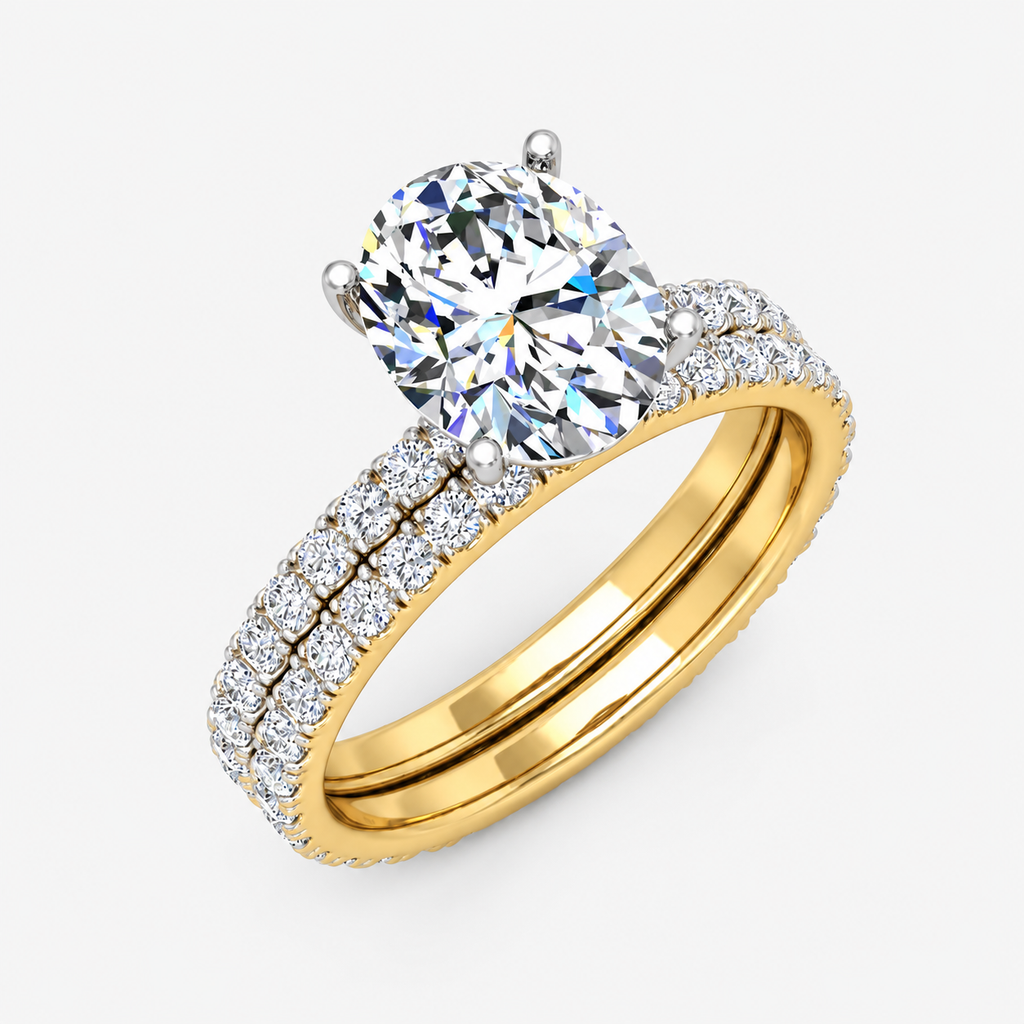 IGI Certified Oval Cut Solitaire Engagement Ring with a Matching Pavé Wedding Band Bridal Set in Platinum & Gold