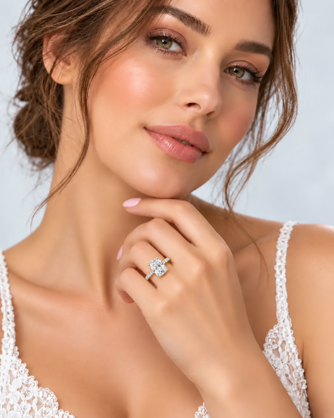 Cushion Diamond Engagement Ring with Round Pave Set Diamond Solitaire Ring IGI Lab Grown in 18K Yellow Gold