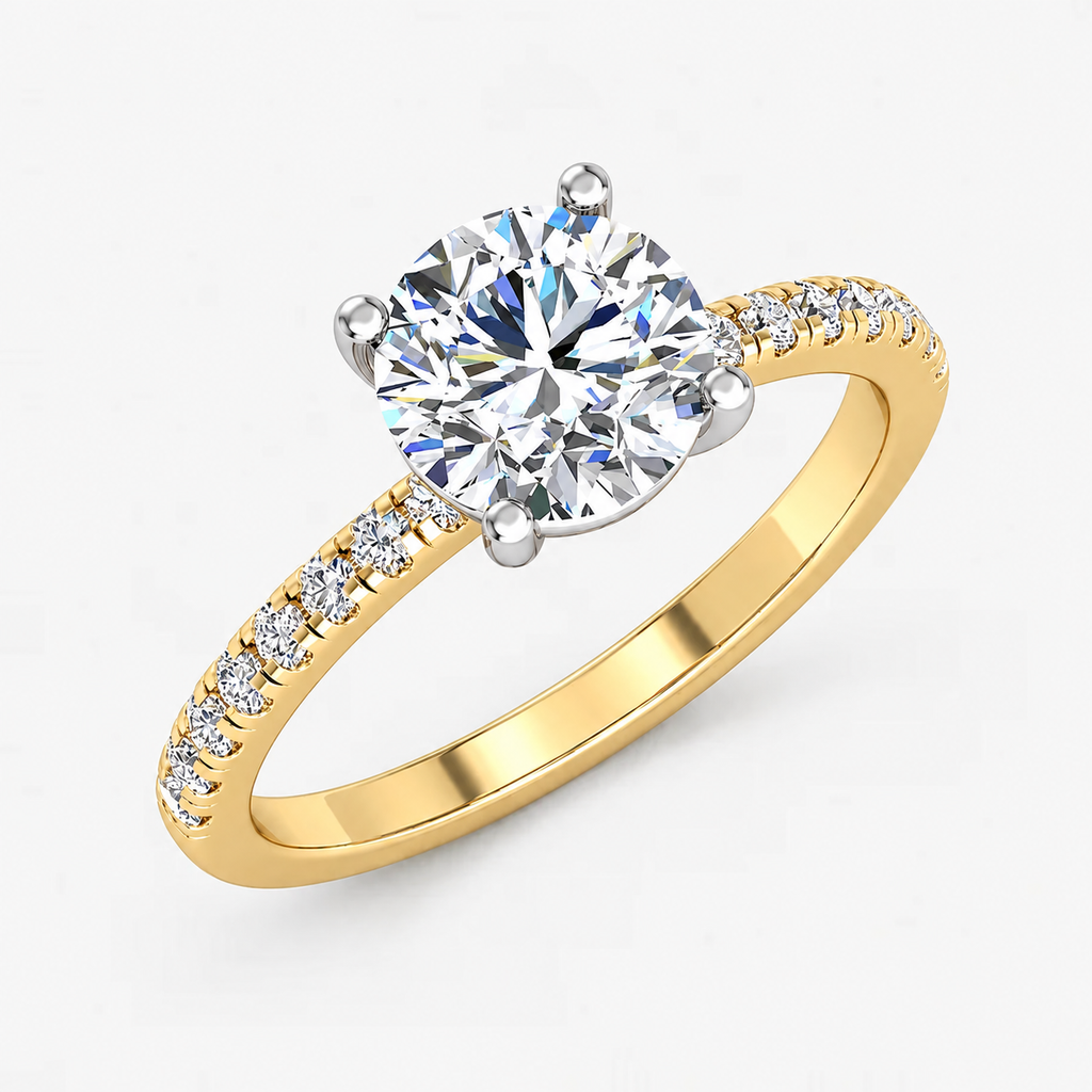 IGI Certified Lab Grown Classic Round Brilliant Solitaire Diamond Engagement Ring with Pavé Band in Gold & Platinum - 1-5ct