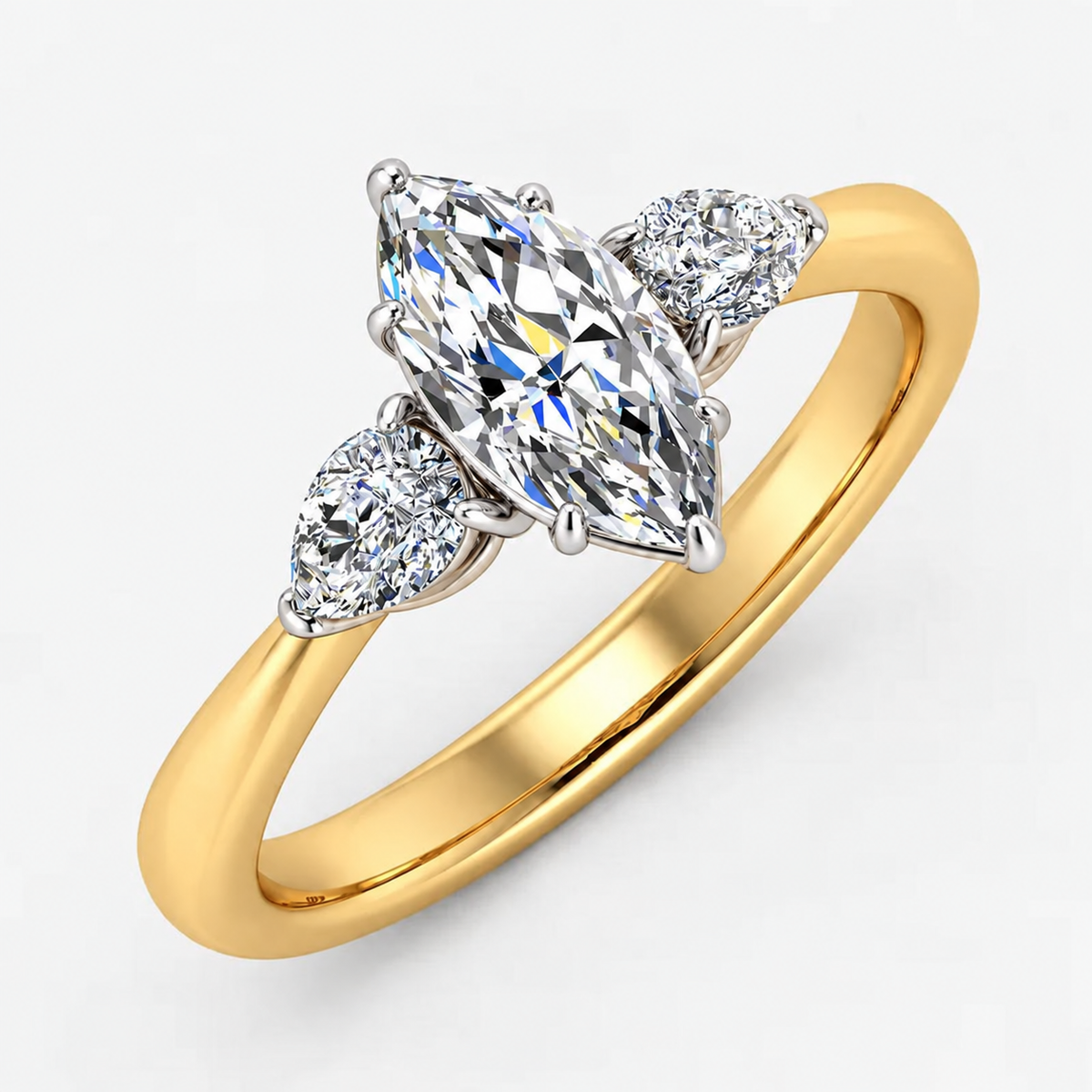 IGI Certified Three Stone Marquise and Pear Diamond Trilogy Ring in Platinum & Gold