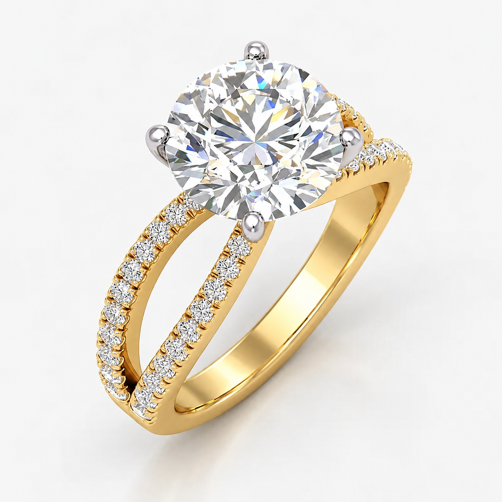 IGI Certified Lab Grown Round Diamond Solitaire Split Shank Engagement Ring with Side Round Diamonds in Gold & Platinum - 1-5ct