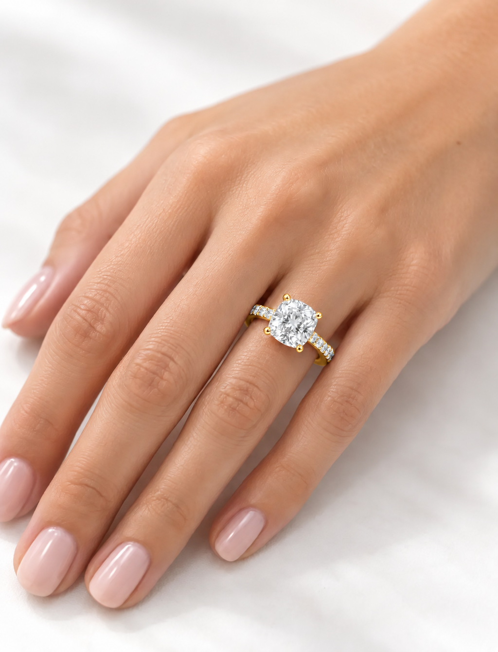 Cushion Diamond with Side Round Diamond IGI Lab Grown Pave Set Engagement Ring in 18K Yellow Gold